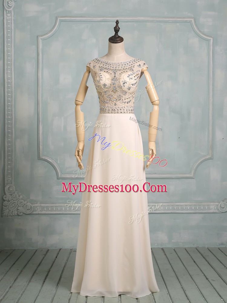 Glorious Champagne Prom Party Dress Prom and Party with Beading Scoop Cap Sleeves Backless