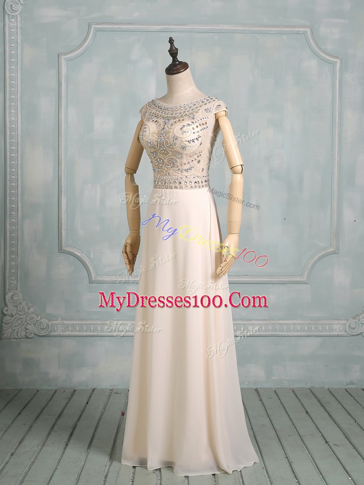 Glorious Champagne Prom Party Dress Prom and Party with Beading Scoop Cap Sleeves Backless