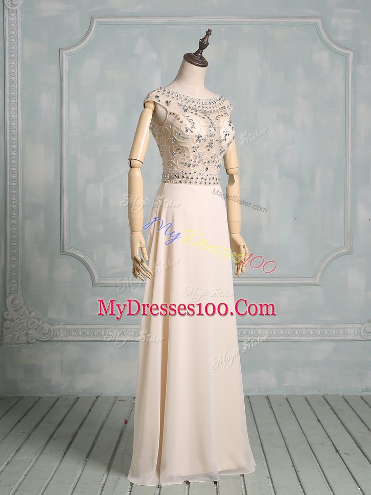 Glorious Champagne Prom Party Dress Prom and Party with Beading Scoop Cap Sleeves Backless
