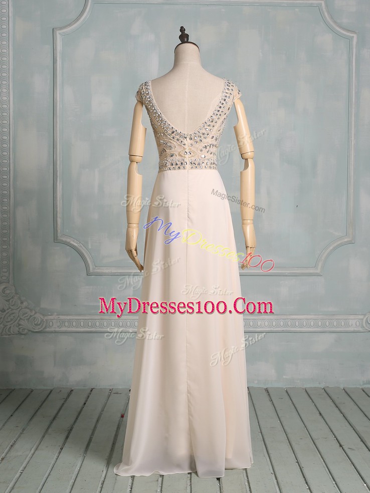 Glorious Champagne Prom Party Dress Prom and Party with Beading Scoop Cap Sleeves Backless