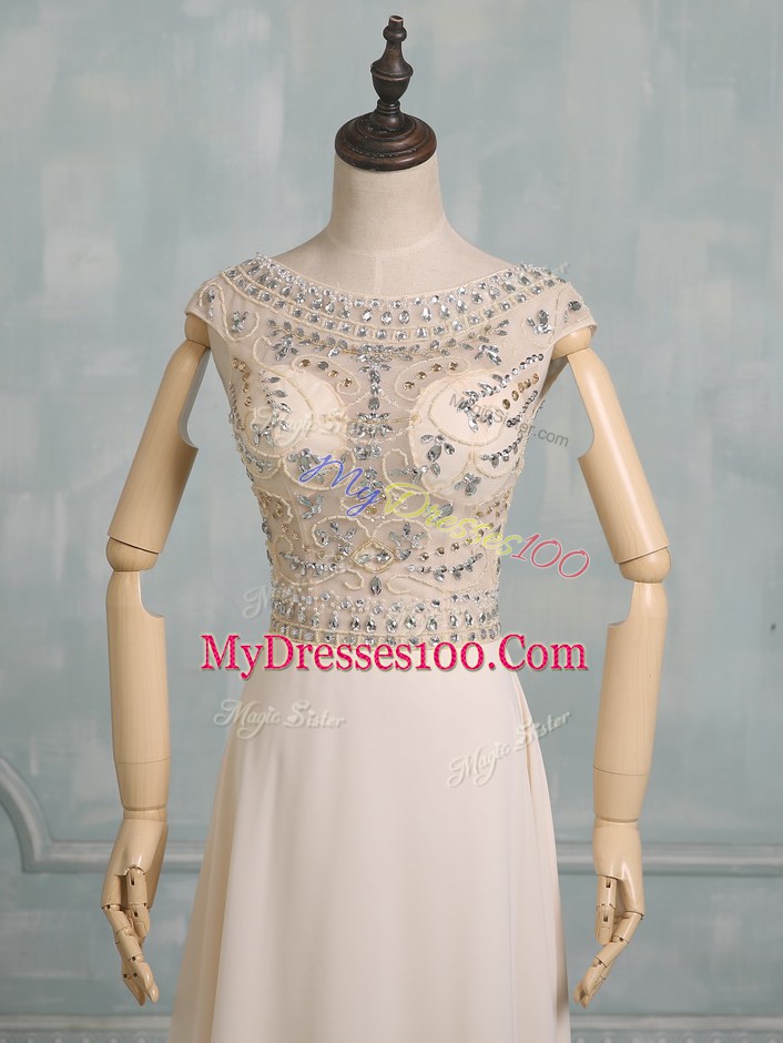 Glorious Champagne Prom Party Dress Prom and Party with Beading Scoop Cap Sleeves Backless