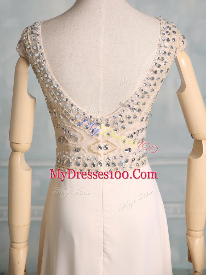 Glorious Champagne Prom Party Dress Prom and Party with Beading Scoop Cap Sleeves Backless