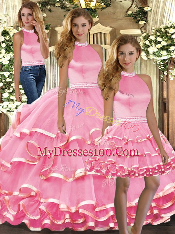 Floor Length Pink 15th Birthday Dress Organza Sleeveless Beading and Ruffled Layers