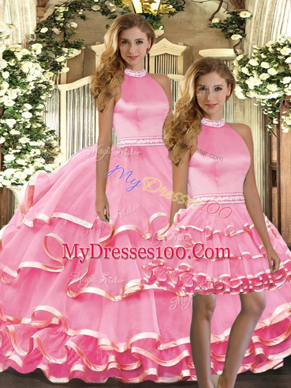 Floor Length Pink 15th Birthday Dress Organza Sleeveless Beading and Ruffled Layers