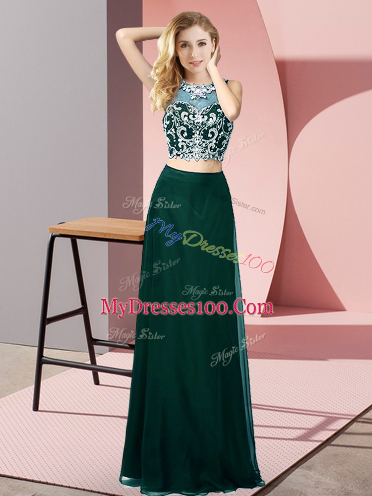 Peacock Green Chiffon Backless Scoop Sleeveless Floor Length Homecoming Dress Beading