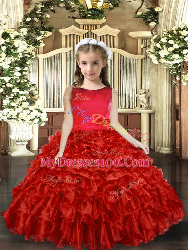 Red Sleeveless Floor Length Ruffles Backless Pageant Gowns For Girls