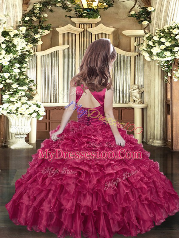 Red Sleeveless Floor Length Ruffles Backless Pageant Gowns For Girls