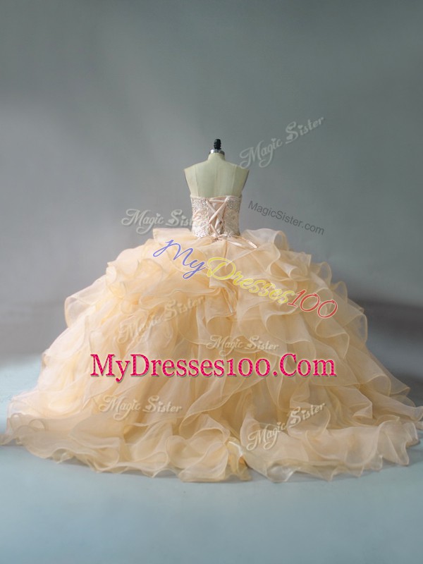 Gold Sweetheart Neckline Beading and Ruffles Sweet 16 Quinceanera Dress Sleeveless Lace Up