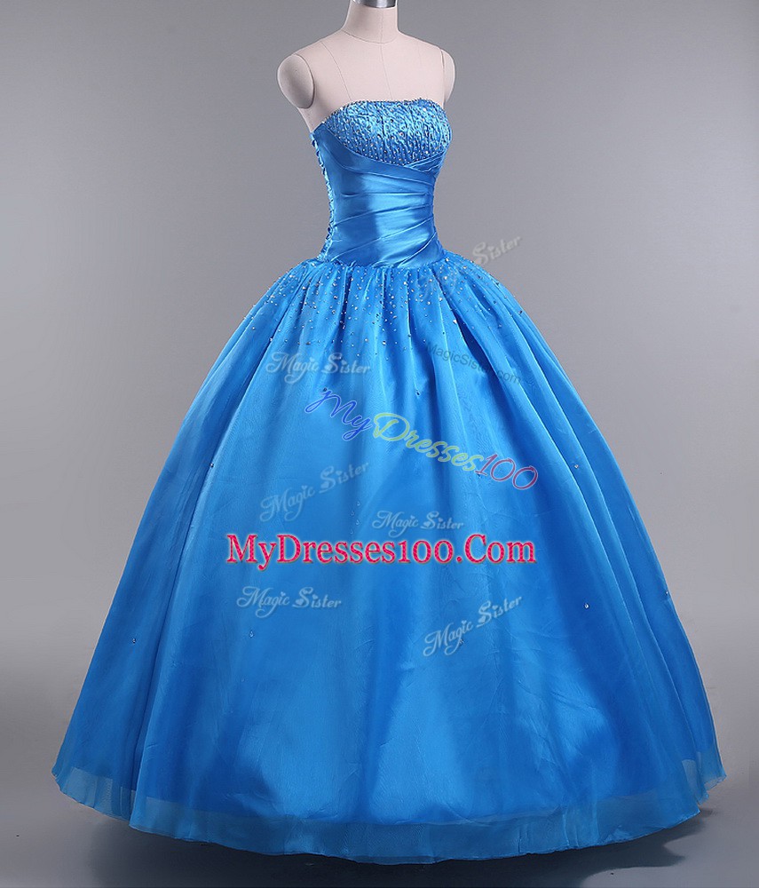 Modest Sleeveless Organza Floor Length Lace Up Quinceanera Dresses in Blue with Beading