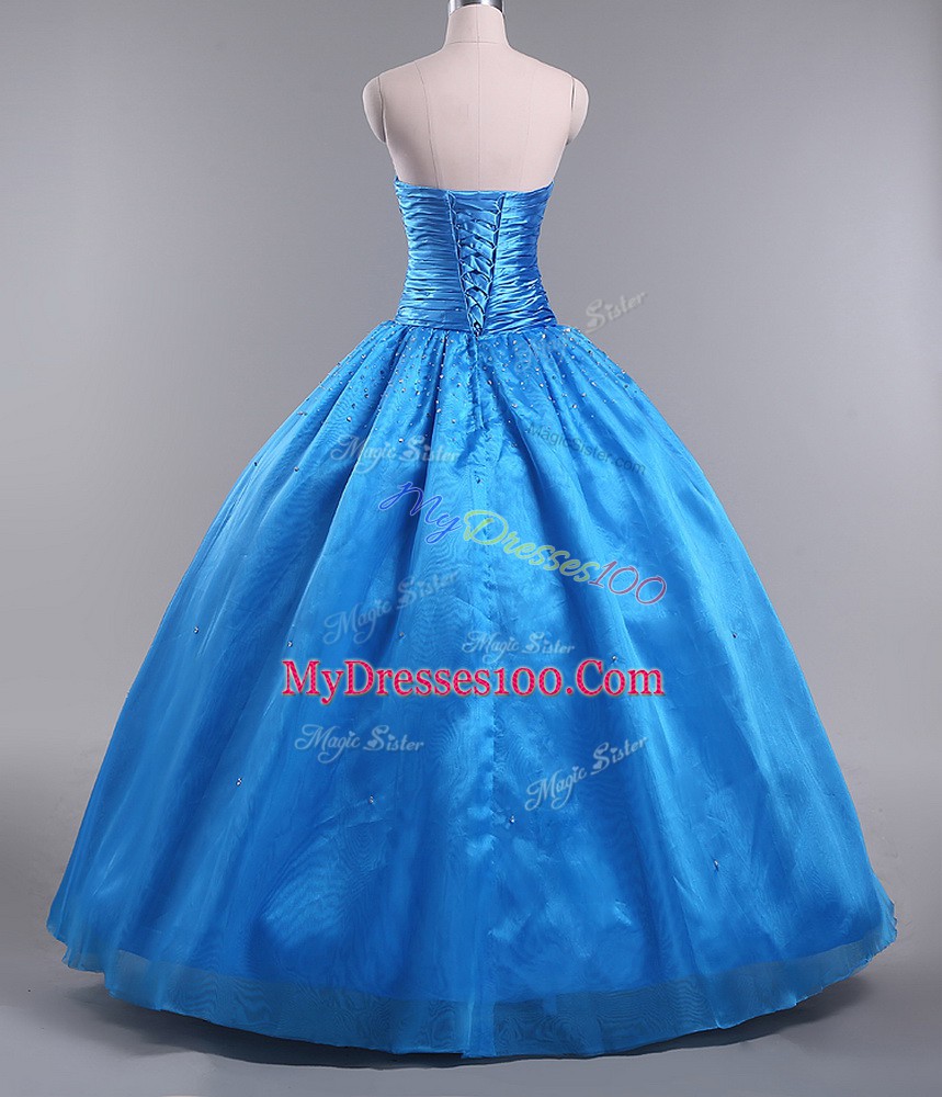 Modest Sleeveless Organza Floor Length Lace Up Quinceanera Dresses in Blue with Beading