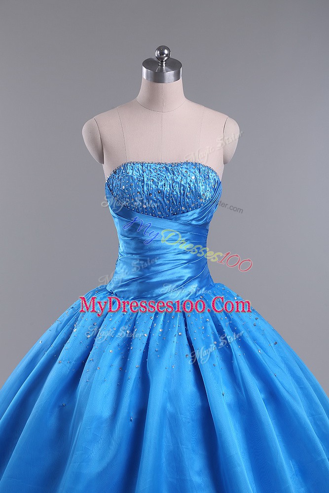 Modest Sleeveless Organza Floor Length Lace Up Quinceanera Dresses in Blue with Beading