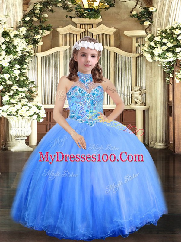Beautiful Sleeveless Lace Up Floor Length Appliques Little Girls Pageant Gowns