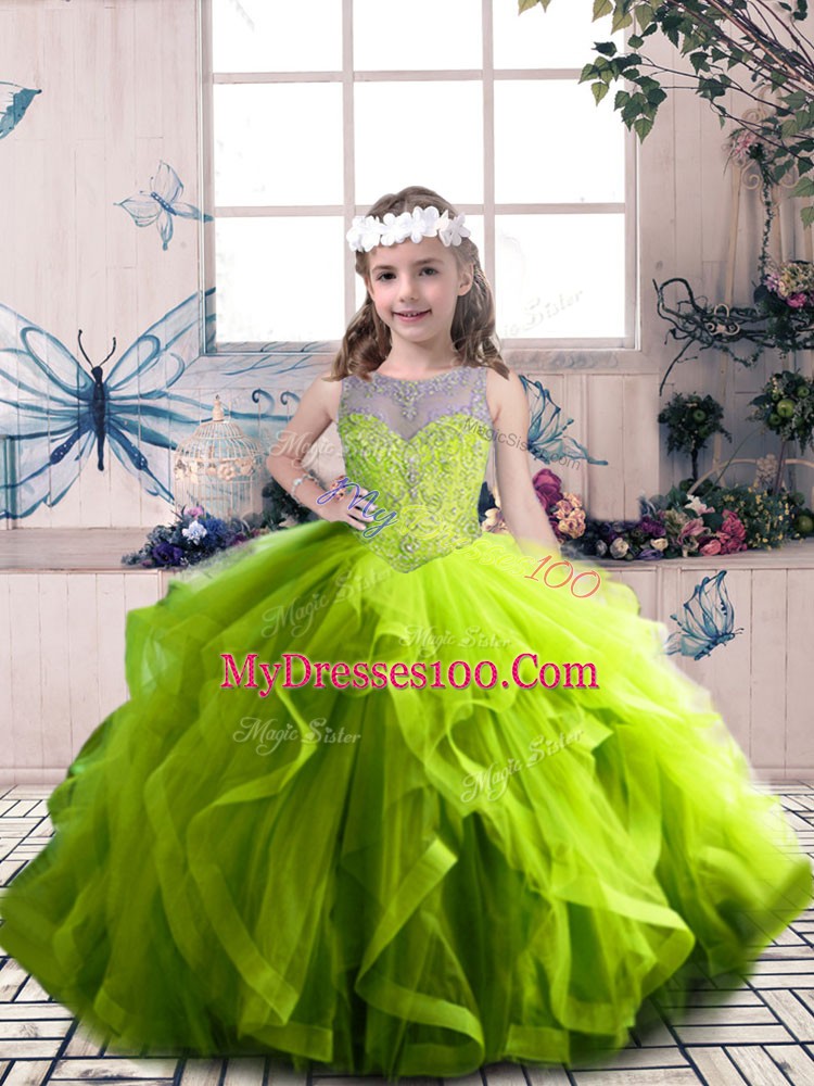 Wonderful Scoop Sleeveless Little Girl Pageant Gowns Floor Length Beading and Ruffles Olive Green Tulle