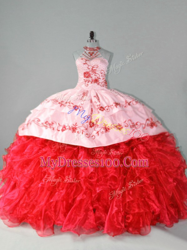 Halter Top Sleeveless Court Train Lace Up Sweet 16 Dress Red Organza
