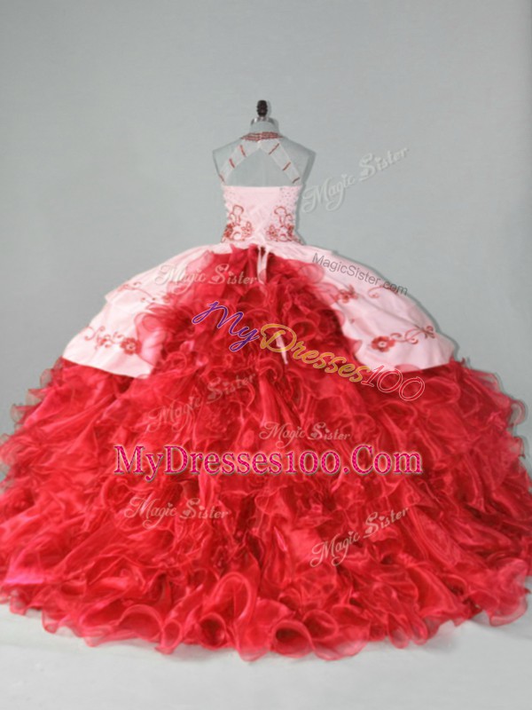 Halter Top Sleeveless Court Train Lace Up Sweet 16 Dress Red Organza