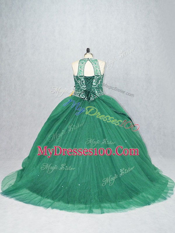 Ideal Scoop Sleeveless Tulle Vestidos de Quinceanera Beading Brush Train Lace Up
