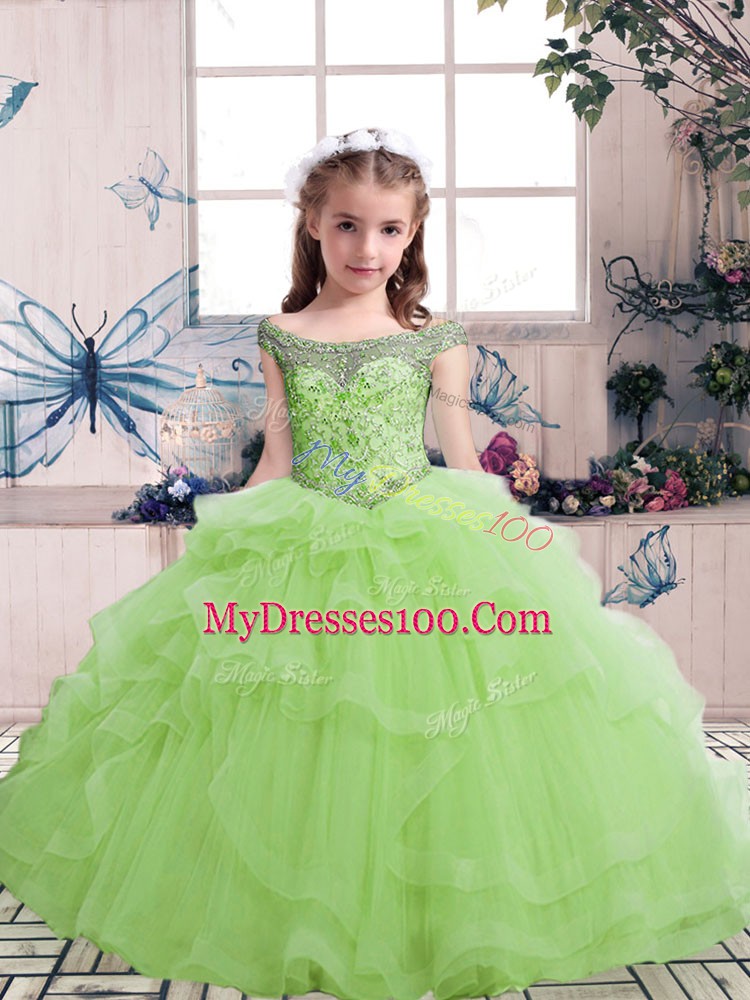 New Arrival Tulle Sleeveless Floor Length Little Girls Pageant Gowns and Beading and Ruffles