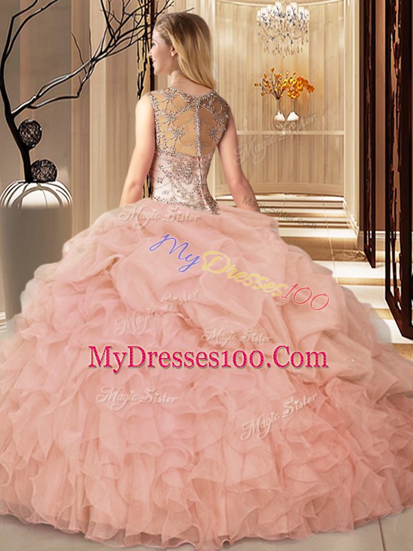 Floor Length Peach Vestidos de Quinceanera Organza Sleeveless Beading and Ruffles