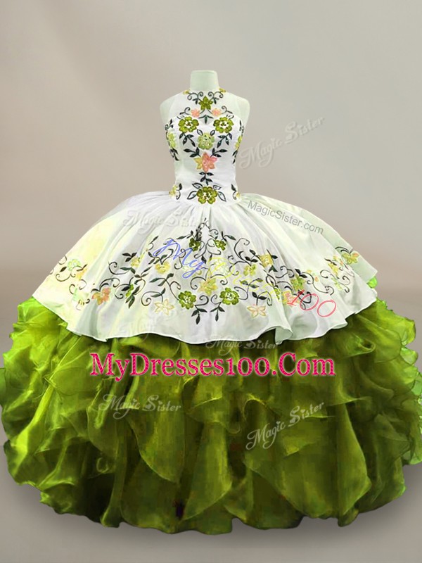 Olive Green Organza Side Zipper Halter Top Sleeveless Floor Length Quinceanera Gowns Embroidery and Ruffles