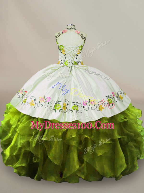 Olive Green Organza Side Zipper Halter Top Sleeveless Floor Length Quinceanera Gowns Embroidery and Ruffles