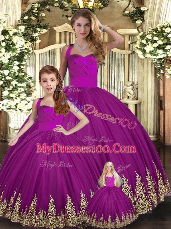 Luxury Fuchsia Sleeveless Embroidery Floor Length Vestidos de Quinceanera