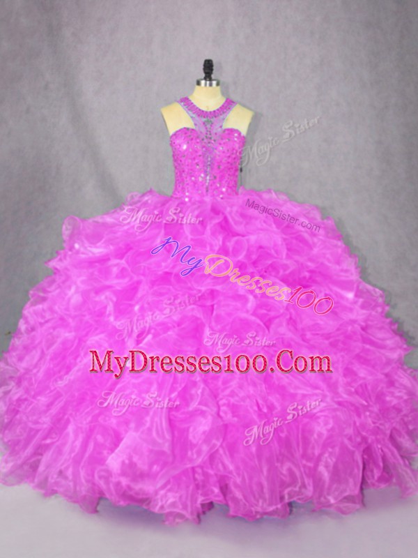 Gorgeous Fuchsia Sleeveless Beading and Ruffles Floor Length Sweet 16 Quinceanera Dress