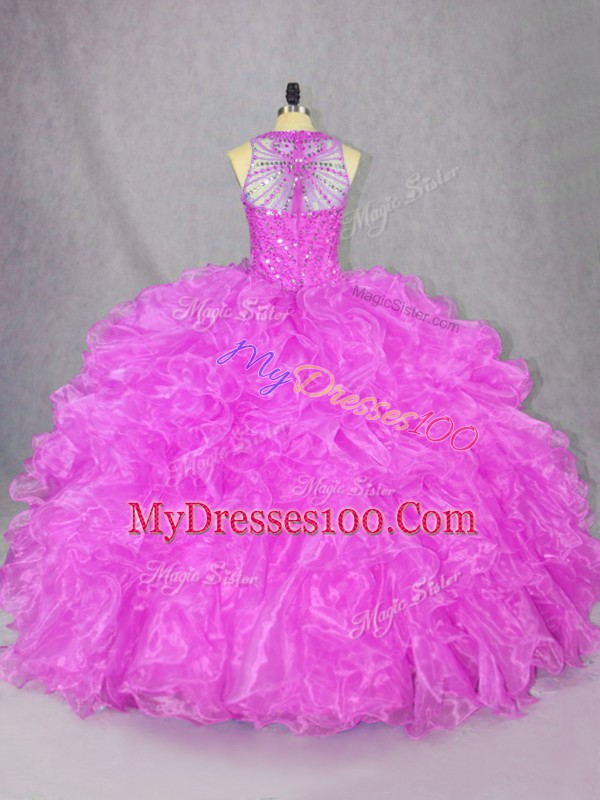 Gorgeous Fuchsia Sleeveless Beading and Ruffles Floor Length Sweet 16 Quinceanera Dress