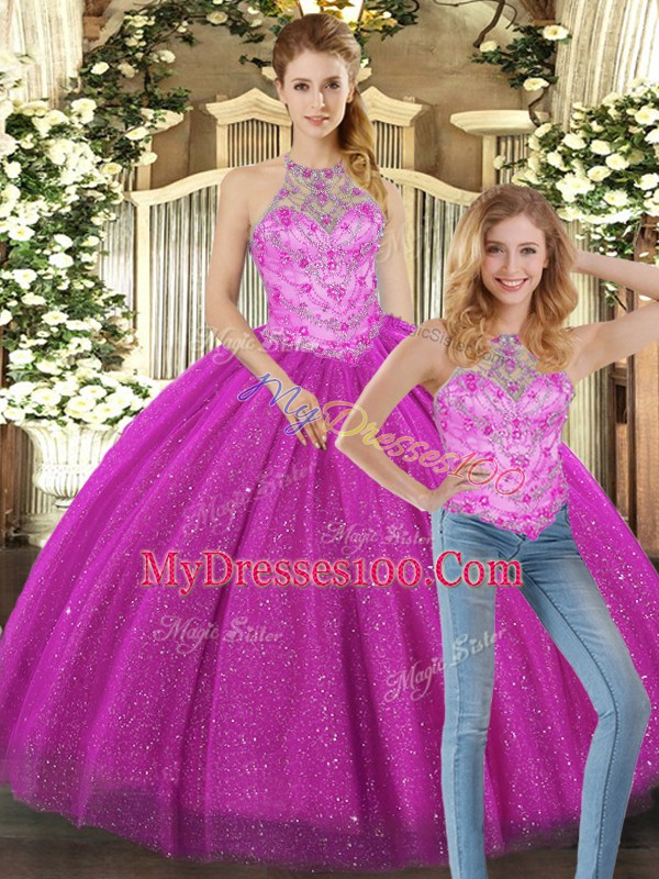 Spectacular Sleeveless Tulle Floor Length Lace Up Quinceanera Gown in Fuchsia with Beading