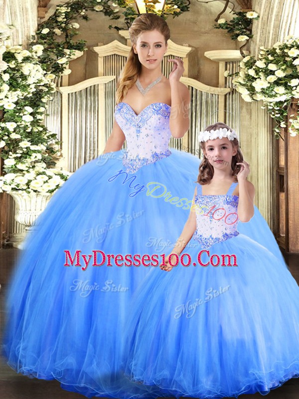 Fantastic Sweetheart Sleeveless Tulle 15th Birthday Dress Beading Lace Up
