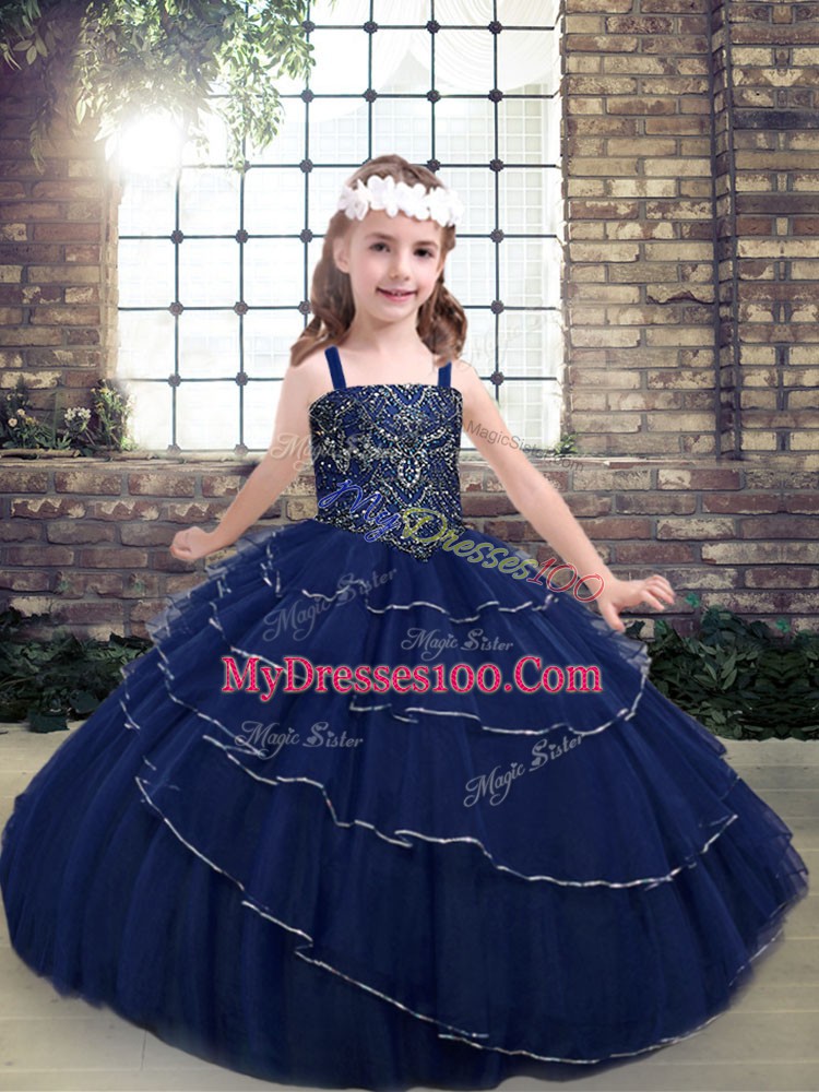 Latest Navy Blue Ball Gowns Straps Sleeveless Tulle Floor Length Lace Up Beading Winning Pageant Gowns