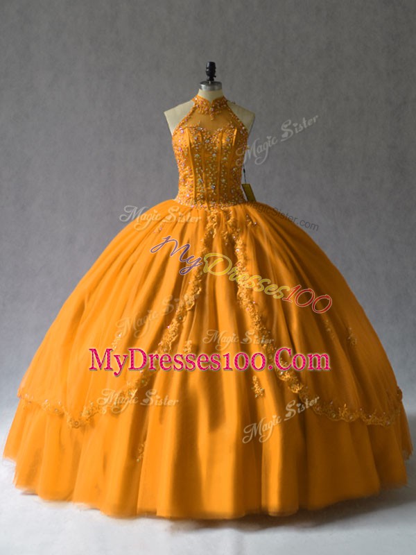 Stylish Orange Halter Top Lace Up Beading Sweet 16 Quinceanera Dress