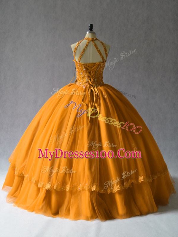 Stylish Orange Halter Top Lace Up Beading Sweet 16 Quinceanera Dress