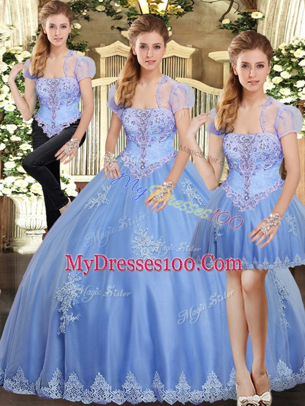 Light Blue Sleeveless Tulle Lace Up Ball Gown Prom Dress for Military Ball and Sweet 16 and Quinceanera