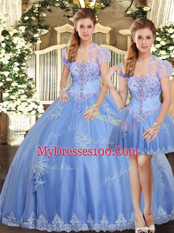Light Blue Sleeveless Tulle Lace Up Ball Gown Prom Dress for Military Ball and Sweet 16 and Quinceanera
