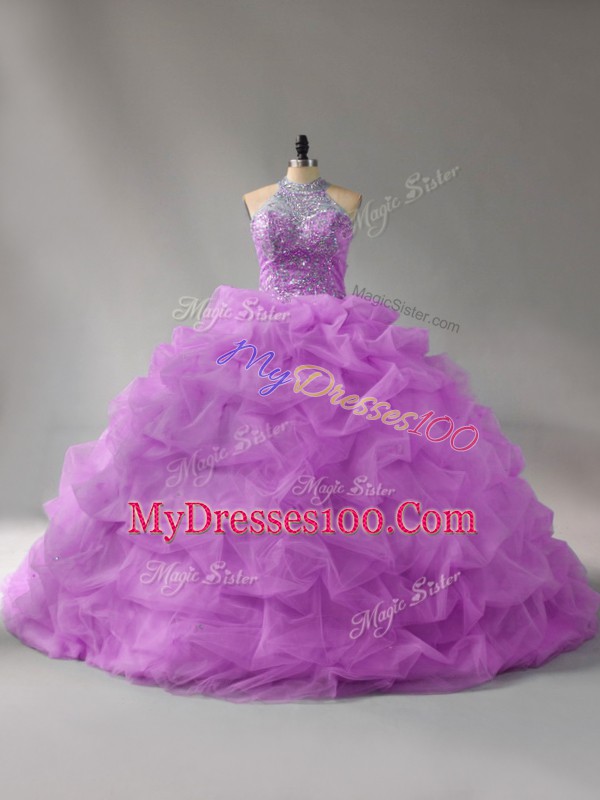 High Class Court Train Ball Gowns Quinceanera Dresses Lilac Halter Top Organza Sleeveless Lace Up