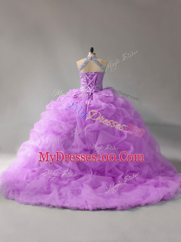 High Class Court Train Ball Gowns Quinceanera Dresses Lilac Halter Top Organza Sleeveless Lace Up