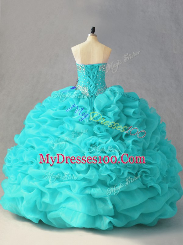 Eye-catching Aqua Blue Sweetheart Lace Up Beading and Pick Ups and Hand Made Flower Quinceanera Gown Sleeveless