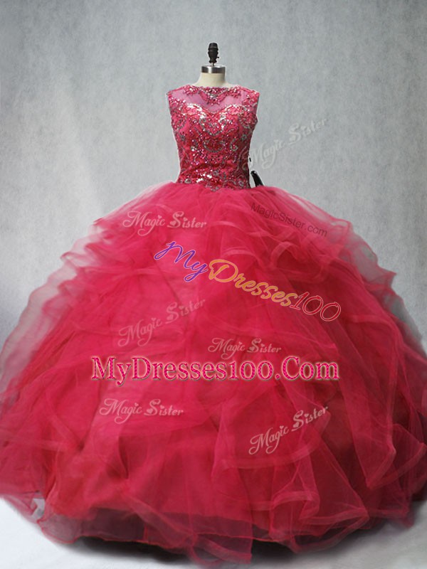 Low Price Coral Red Tulle Lace Up Sweet 16 Quinceanera Dress Sleeveless Brush Train Beading and Ruffles