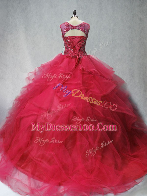 Low Price Coral Red Tulle Lace Up Sweet 16 Quinceanera Dress Sleeveless Brush Train Beading and Ruffles