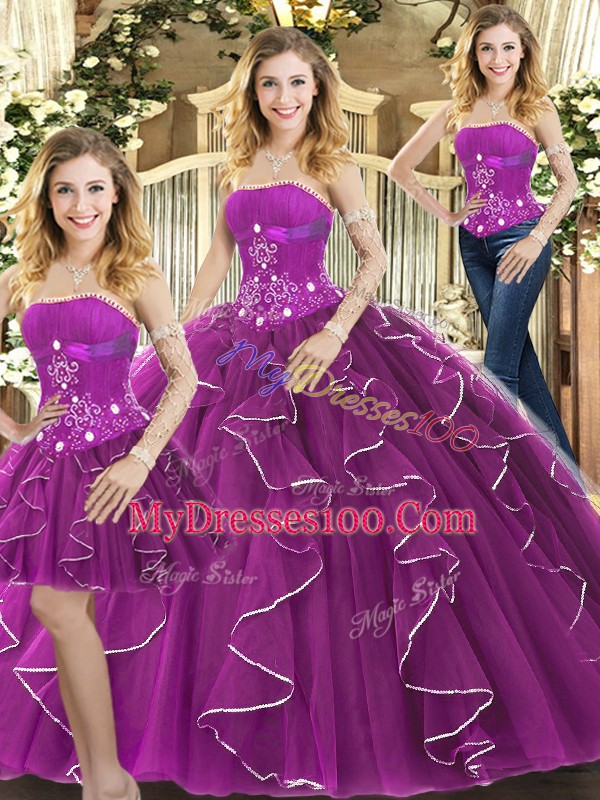 Edgy Beading and Ruffles 15 Quinceanera Dress Purple Lace Up Sleeveless Floor Length