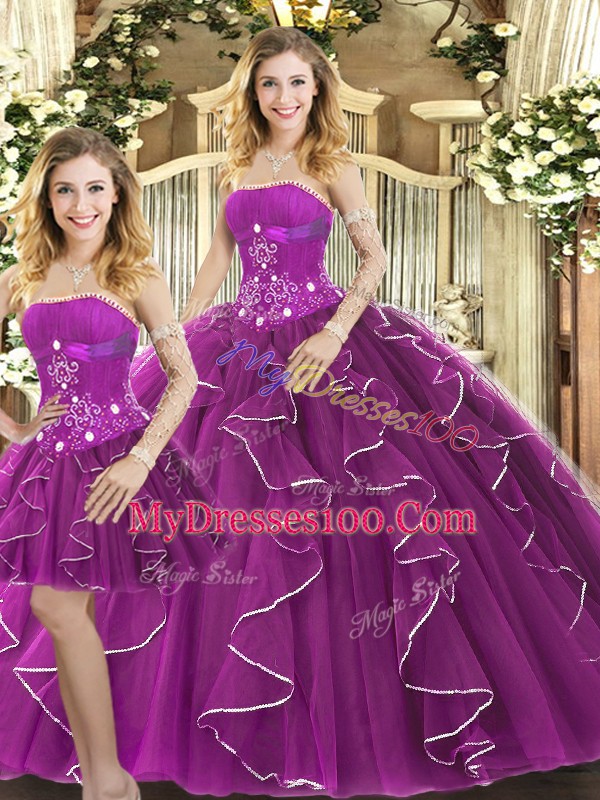 Edgy Beading and Ruffles 15 Quinceanera Dress Purple Lace Up Sleeveless Floor Length