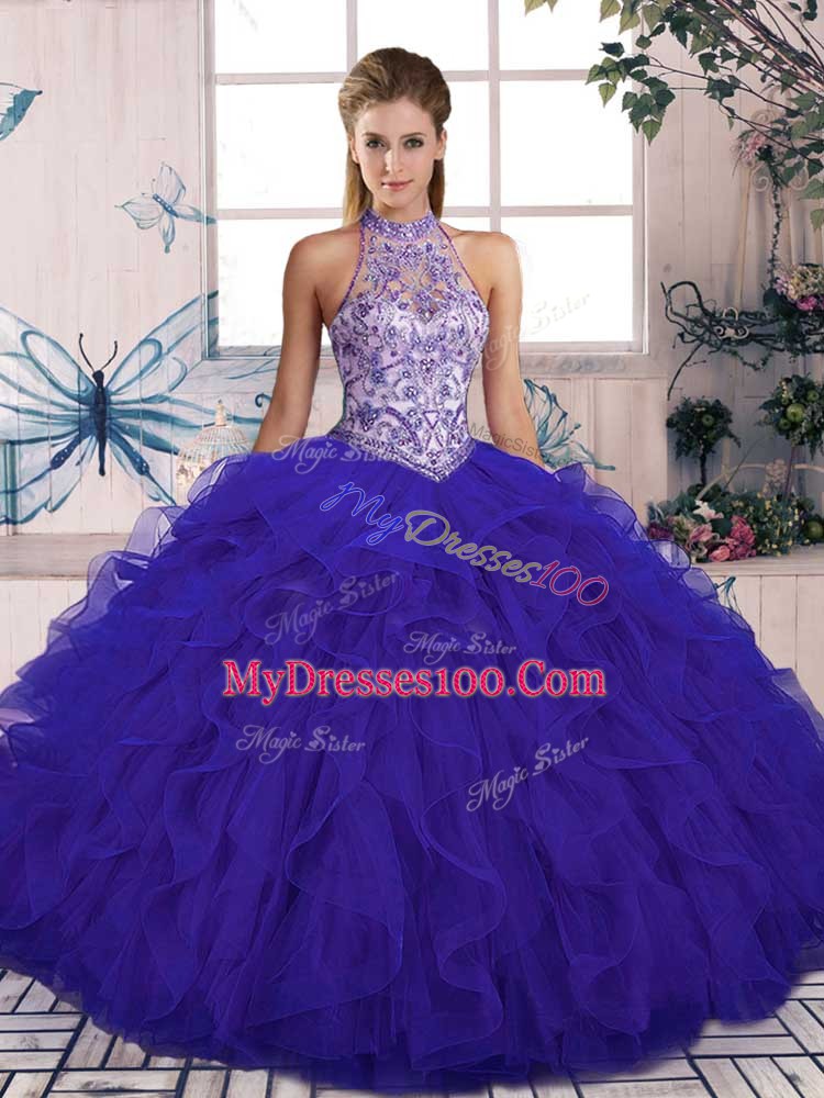 Purple Halter Top Lace Up Beading and Ruffles Quince Ball Gowns Sleeveless