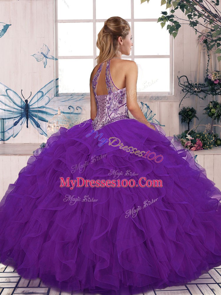Purple Halter Top Lace Up Beading and Ruffles Quince Ball Gowns Sleeveless