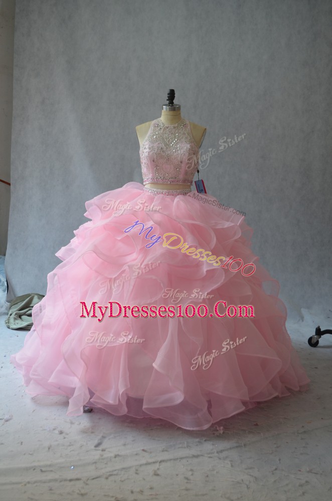 Sleeveless Beading and Ruffles Backless Quince Ball Gowns with Pink
