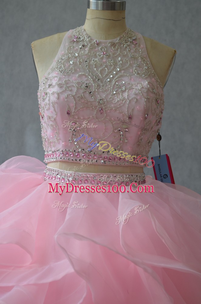 Sleeveless Beading and Ruffles Backless Quince Ball Gowns with Pink