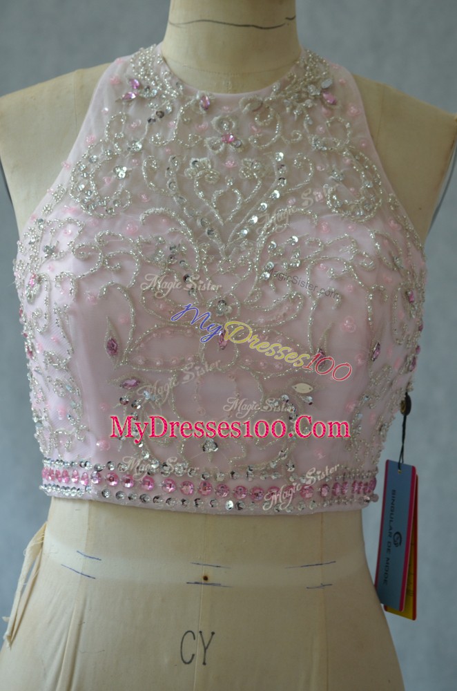 Sleeveless Beading and Ruffles Backless Quince Ball Gowns with Pink