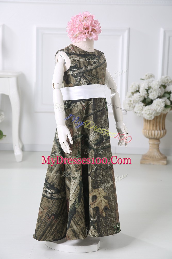 Multi-color Printed Zipper Scoop Sleeveless Floor Length Toddler Flower Girl Dress Belt