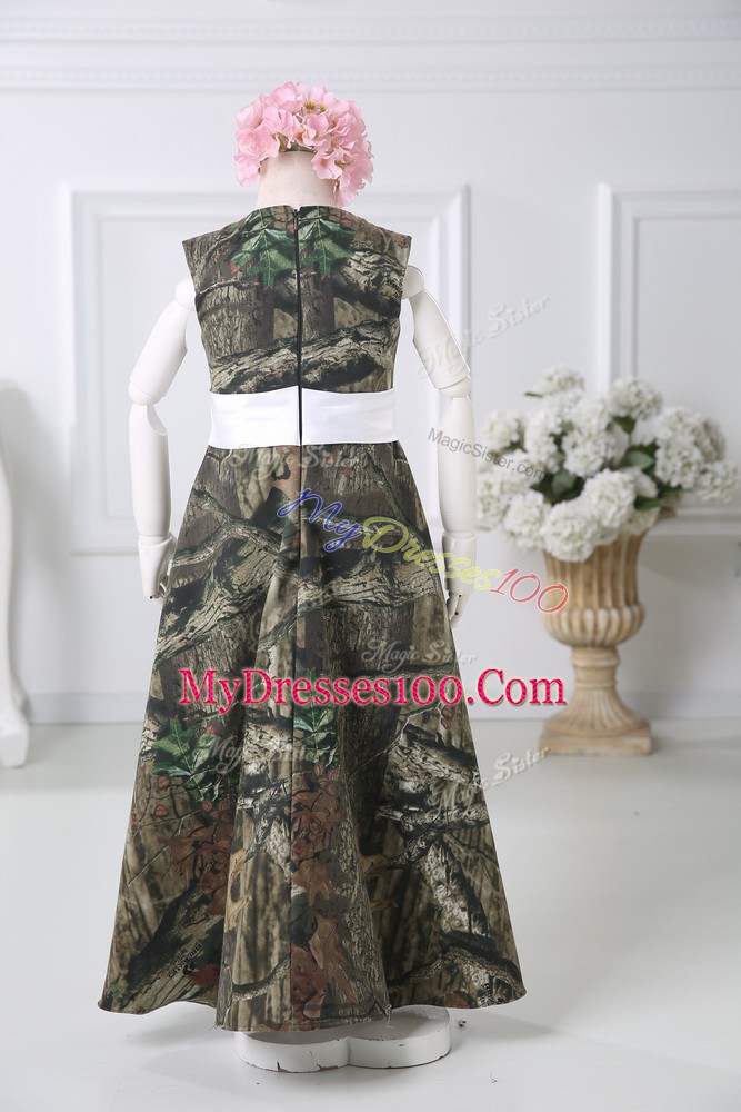 Multi-color Printed Zipper Scoop Sleeveless Floor Length Toddler Flower Girl Dress Belt