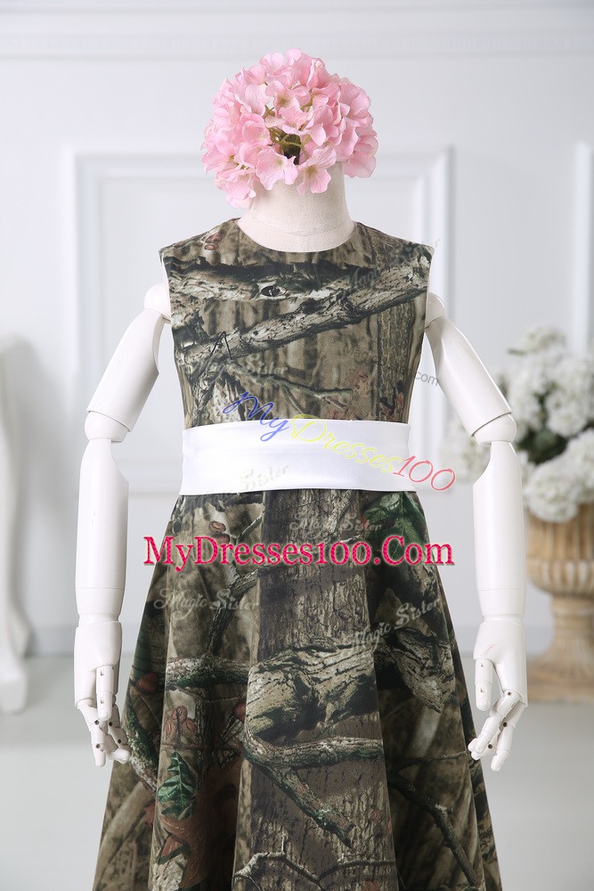 Multi-color Printed Zipper Scoop Sleeveless Floor Length Toddler Flower Girl Dress Belt