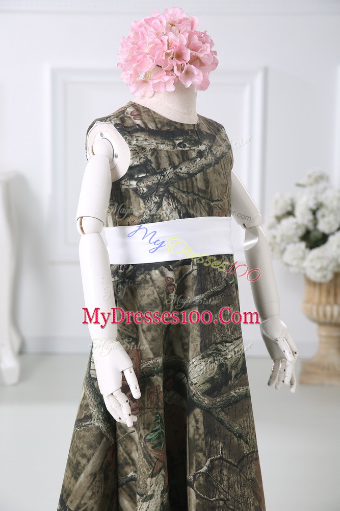 Multi-color Printed Zipper Scoop Sleeveless Floor Length Toddler Flower Girl Dress Belt